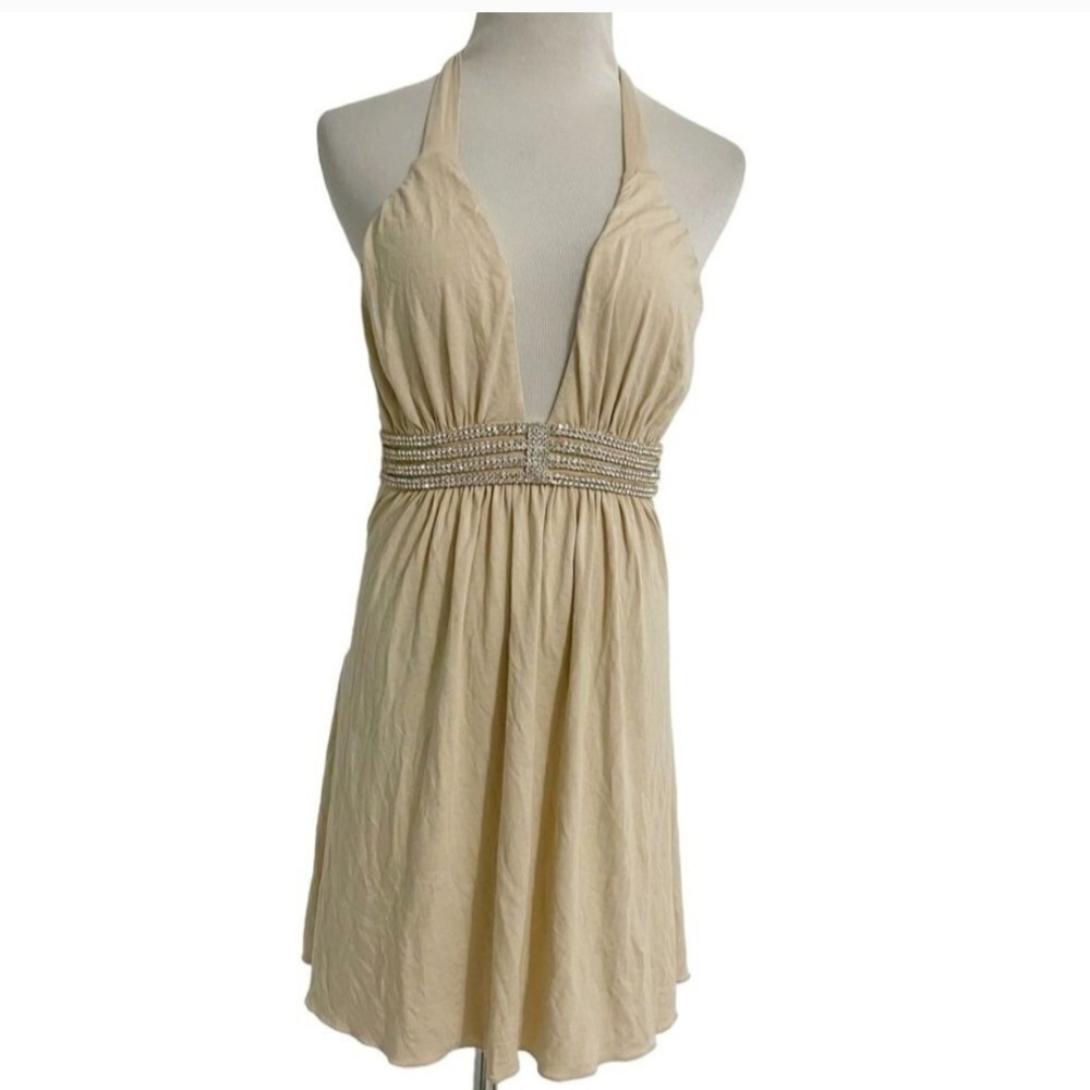 Sky Beige Halter Dress with Embellished Waist